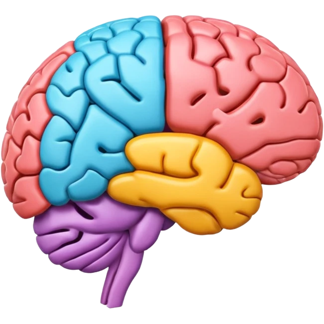emoji icon of side view of brain with details of the brain structure and in detailed 3d rendring, colored to highlight different sections emoji