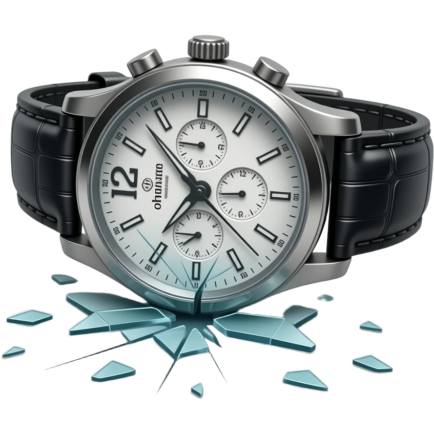 A wristwatch fallen on the ground with its glass cracked and slightly shattered. The strap is twisted, small glass fragments scattered nearby. Subtle scratches on the surface, suggesting impact. Soft dramatic lighting, no people, clean floor background, realistic and detailed. emoji