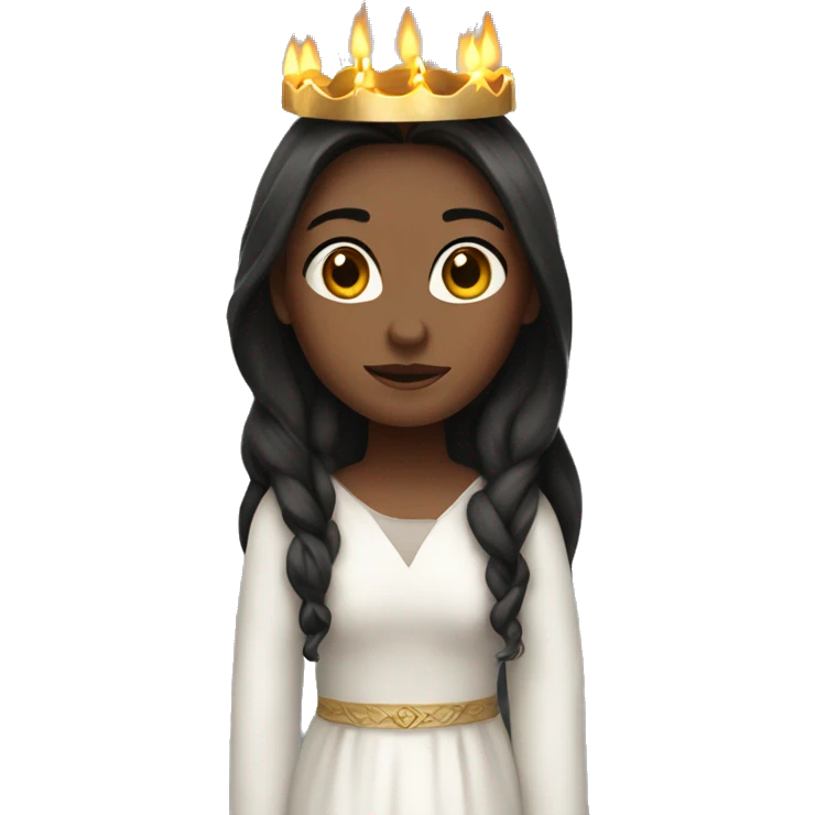 lucia with candles in her lucia crown with dark long hair and a white long sleeved gown emoji