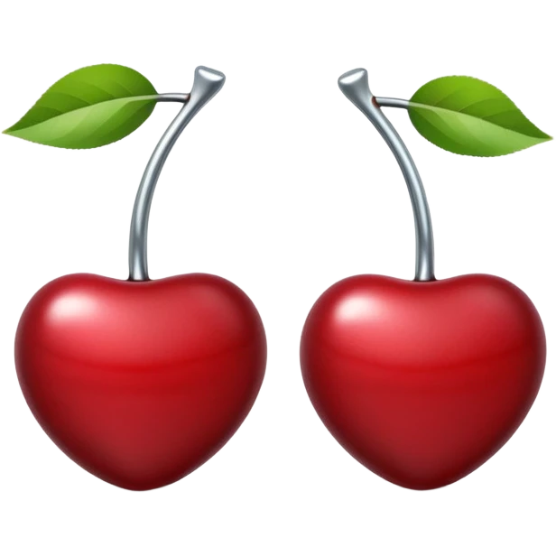 A pair of cherries emoji made of polished silver chrome, smooth rounded shapes, glossy metallic finish, soft highlights and reflections, cute proportions, iOS emoji style, centered, clean white background, no text emoji