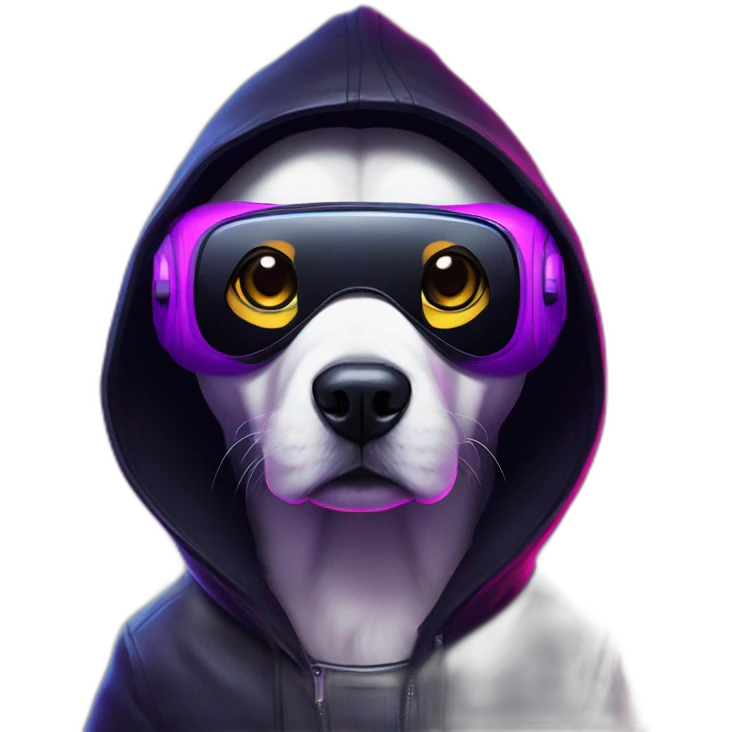 Russian dog wearing a black hoodie with "OMG" letters on it and VR headset in a cyberpunk VR environment with violet neon lighting. emoji