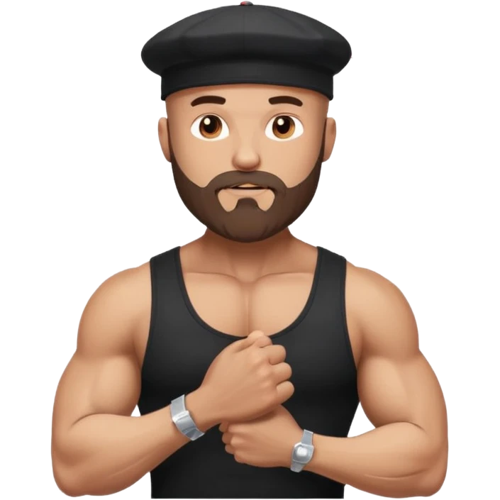 Buff bald bearded guy in black cap flexing, Instagram icon on chest, papers flying around, sparkles, minimal style emoji