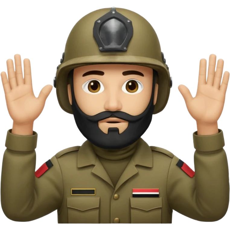 surrenders, depicts an Iraqi soldier from 1980, with a beard, in a helmet, a helmet WITHOUT insignia, with a balaclava, with sad eyes and both hands raised up emoji