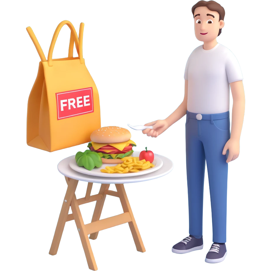 playful customer with empty pockets looking hopeful at a plate of food labeled 'free' emoji
