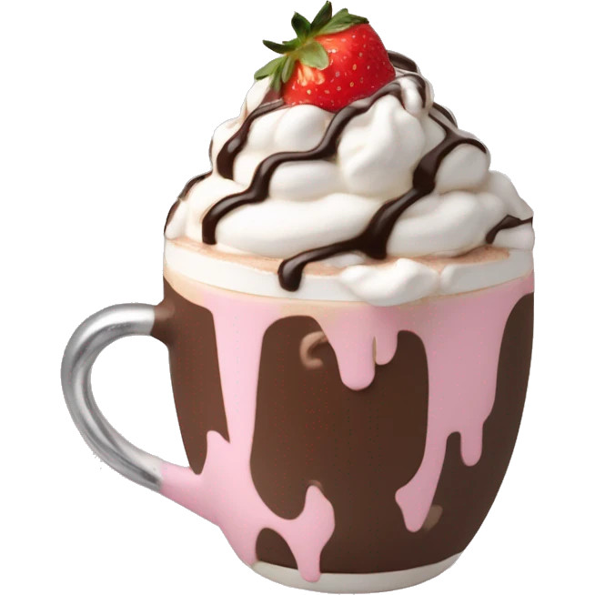 hot chocolate with mug and whip cream and chocolate drizzle and pale pink strawberry emoji