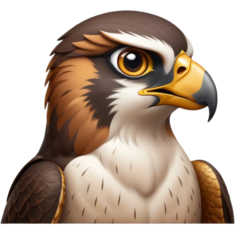 Cinematic Noble Falcon Portrait Emoji, Poised and majestic, with a streamlined, muscular build, a sharply hooked beak, and intense, piercing eyes that exude focus and speed, Simplified yet sharp and sophisticated features, highly detailed, glowing with a soft, amber radiance, high shine, intelligent and commanding, stylized with an air of aerial authority, focused and swift, soft glowing outline, capturing the essence of a watchful and confident falcon that appears ready to soar out of the screen with effortless power! emoji