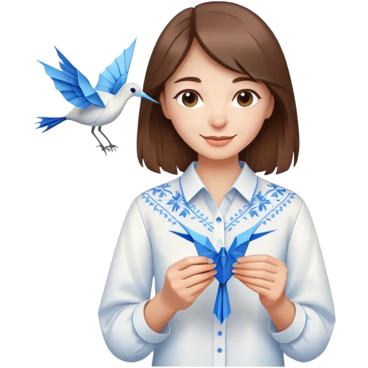 A happy Ukrainian young girl with brown hair in a white embroidered shirt holds an origami blue crane emoji