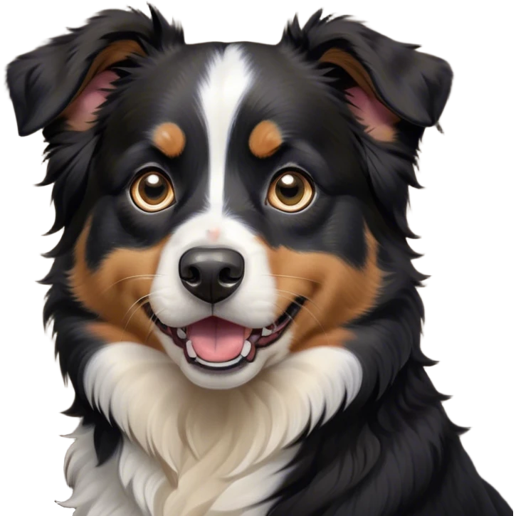 Cinematic Comical Black Tri Australian Shepherd Portrait Emoji, Head tilted dramatically with an exaggeratedly shocked or offended expression, short black fur with striking white and tan patches, wide, expressive dark eyes filled with exaggerated disbelief, Simplified yet hilariously expressive features, highly detailed, glowing with a slightly sassy glow, high shine, dramatic yet playful, stylized with an air of attitude, bright and endearing, soft glowing outline, capturing the essence of a sassy and over-the-top pup, so meme-worthy it feels like it could side-eye its way into internet fame instantly! emoji