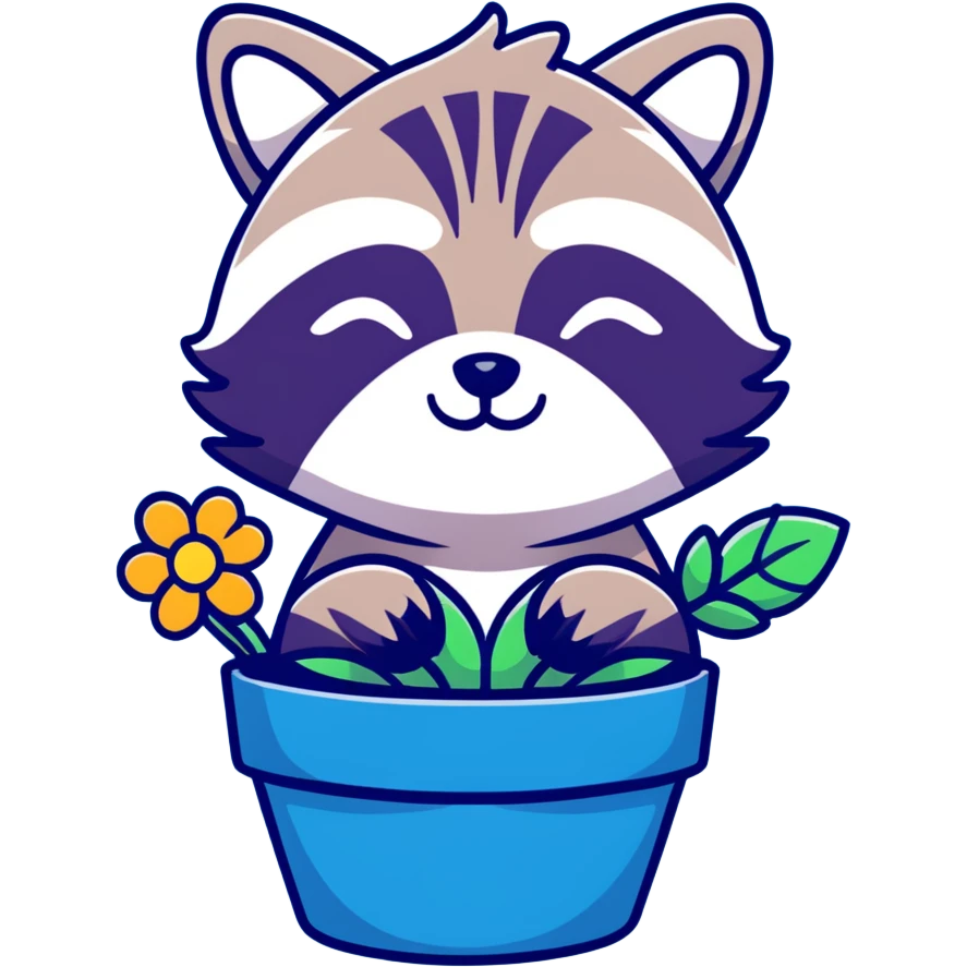 sleepy raccoon inside a flower pot, pastel earthy colors emoji