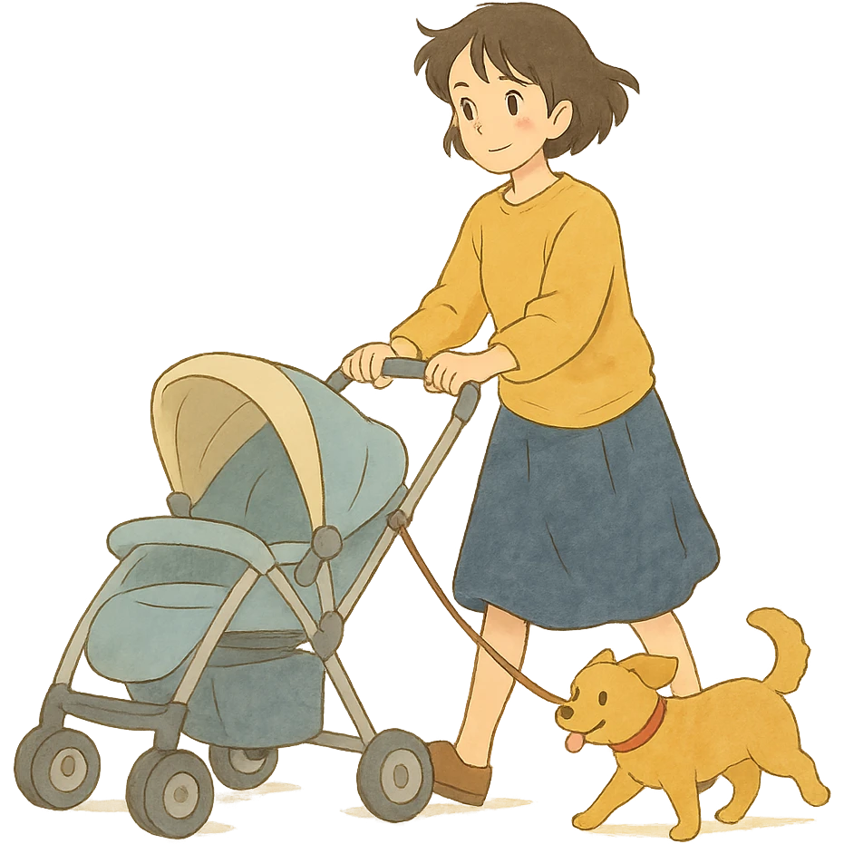 ghibli style girl walking with a stroller and dog on a leash, soft colors emoji