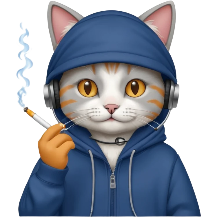 cat in headphones, in a dark-blue oversized hoodie with a cigarette in his hand  emoji