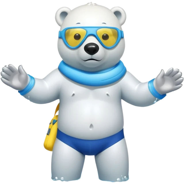 friendly anthropomorphised polar bear standing in a small puddle, wearing baggy board shorts, inflatable swimming armbands, scuba mask over eyes emoji