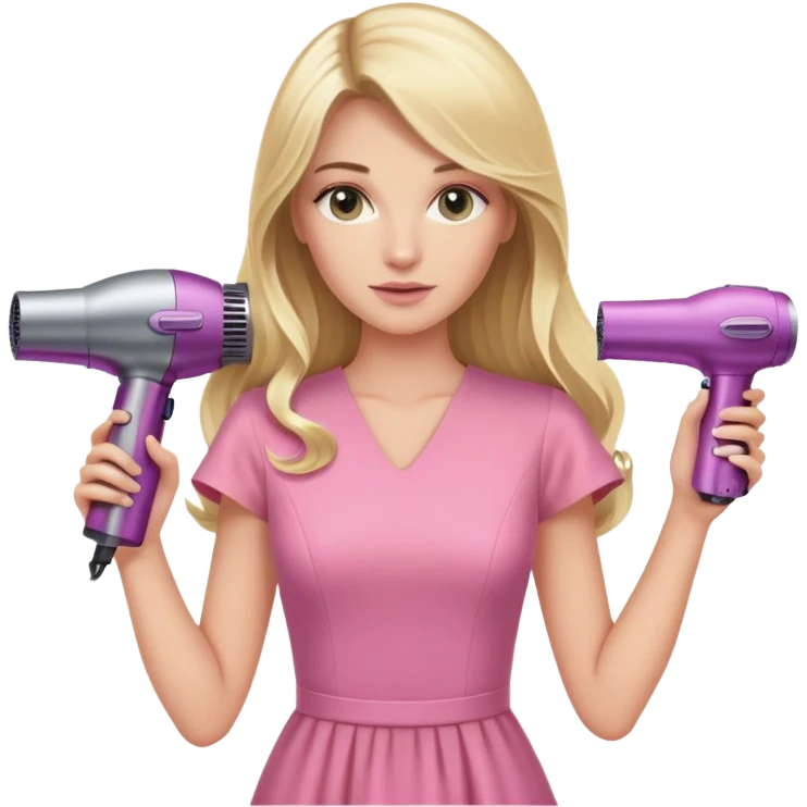 blonde woman with long hair and swamp-colored eyes in a pink dress holding a Dyson hair dryer emoji