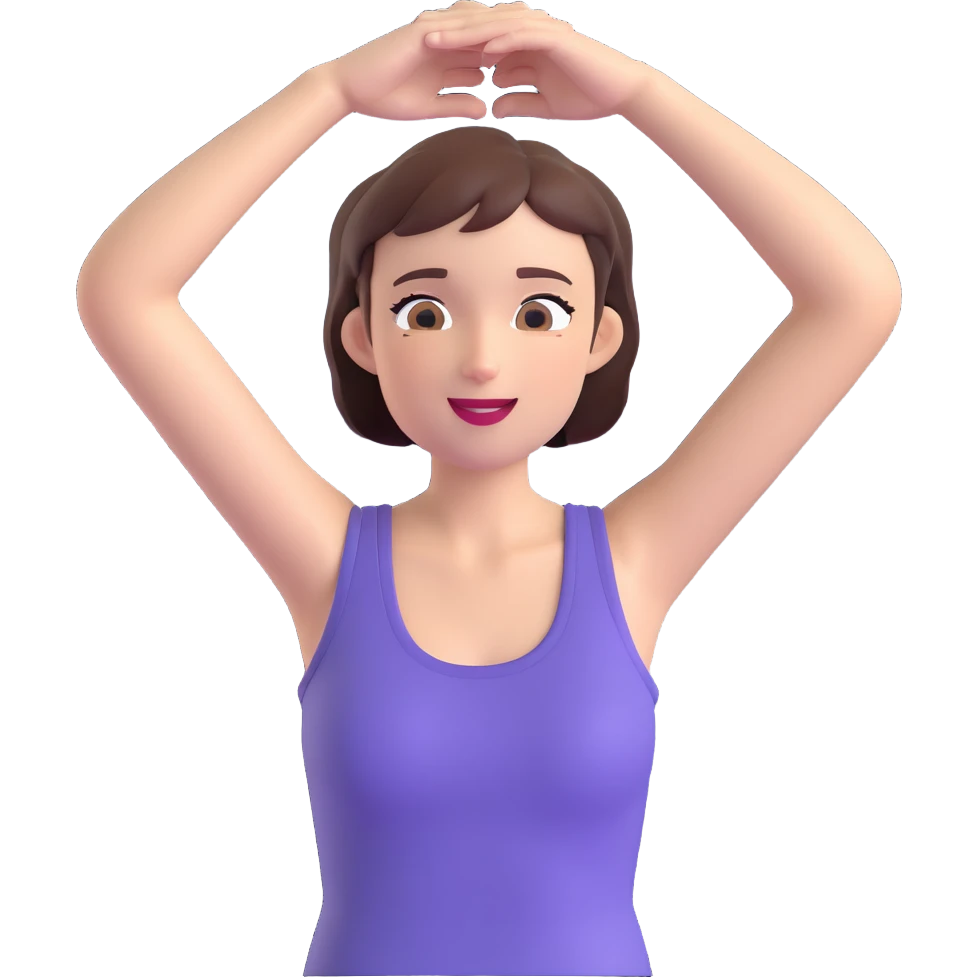 short-haired woman wearing a sleeveless shirt holding up her arms, simple, clear, friendly expression emoji