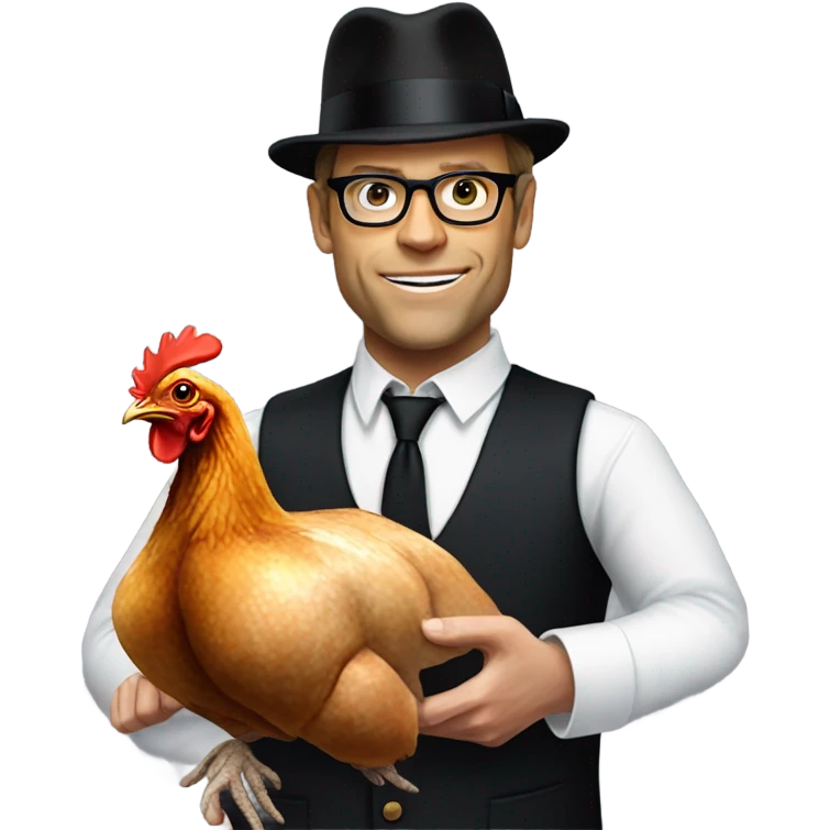 Alton brown wearing black bowler hat with a roasted chicken emoji