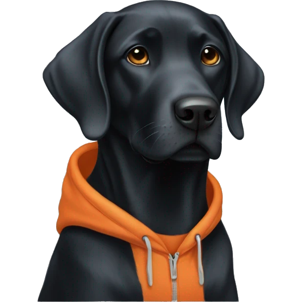 Black lab wearing a orange and blue hoodie  emoji