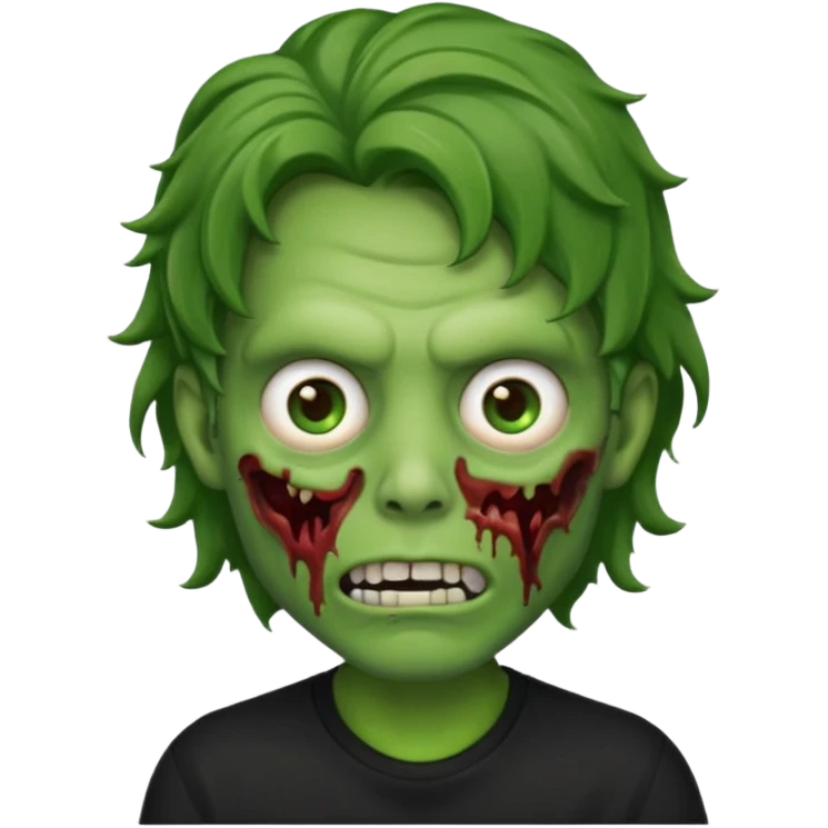 zombi emoji man with a wavy medium hair, mouth, nose, green skin, black shirt emoji