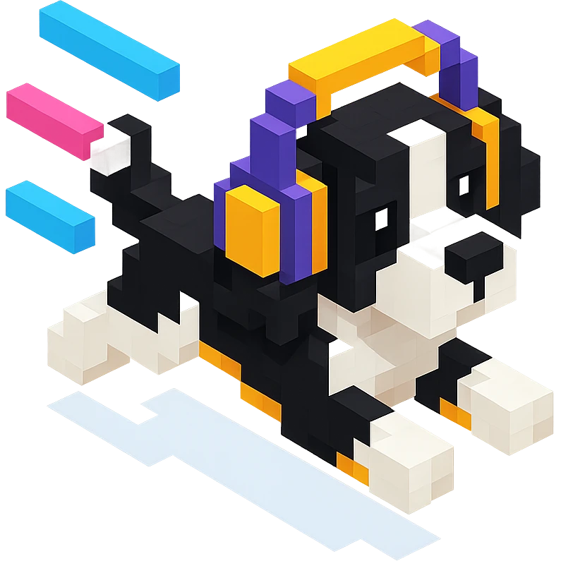 black and white Russian Cocker Spaniel puppy wearing headphones, running pose with a dynamic background emoji