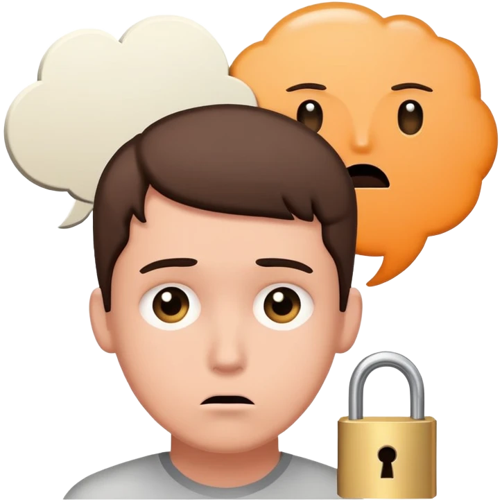 Person with thought bubble containing lock, confused expression, mental block emoji