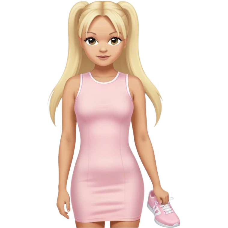 Emma Bunton with long blonde ponytails wearing light pink bodycon dress with white platform sneakers emoji