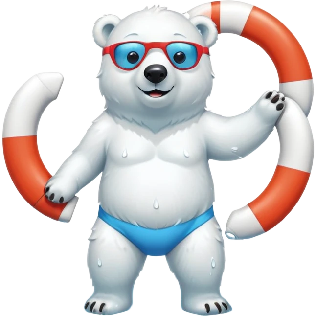 full body friendly anthropomorphised polar bear smiling, wearing colorful swim shorts and swim goggles, standing in a small puddle, holding a red and white life buoy emoji