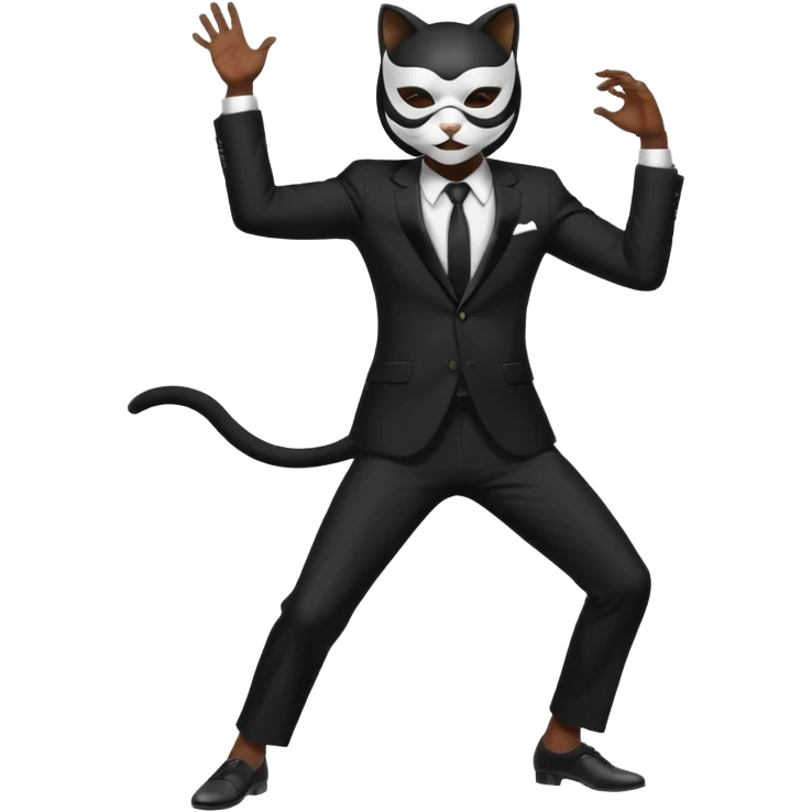 Dancing man in black suit and white cat mask emoji