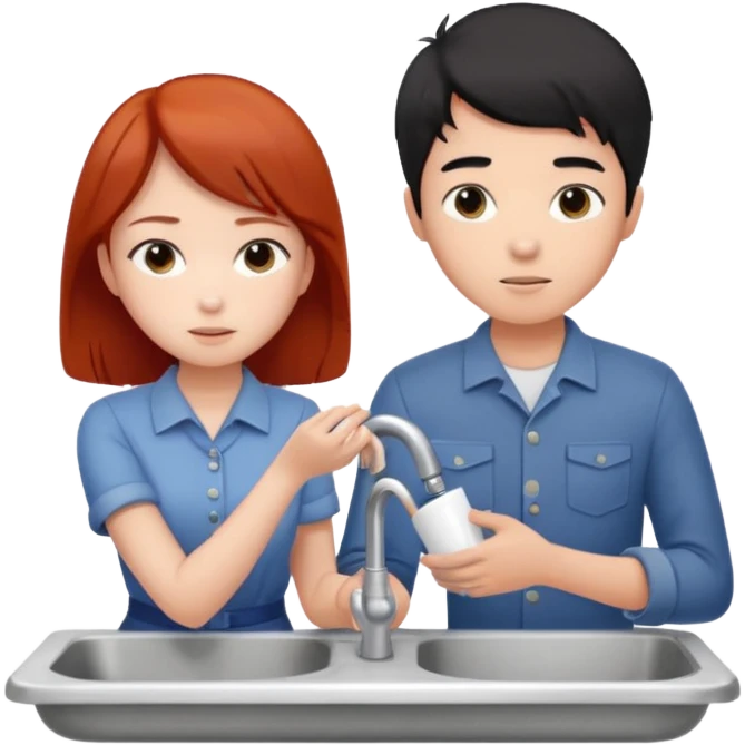 asian black haired boy fixes sink for redhead girlfriend emoji