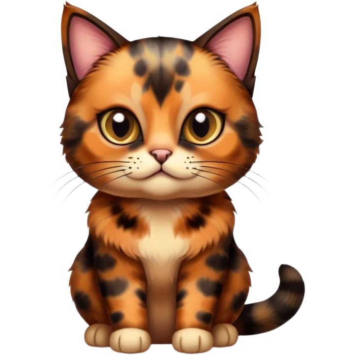 Cinematic Cute Tortoiseshell Cat Portrait Emoji, Head cocked sweetly with bright, curious eyes and a cuddly, mottled fur of rich browns and blacks, simplified yet charmingly adorable, highly detailed, glowing with a warm, gentle radiance, high shine, playful and endearing, styled with a dash of whimsical feline magic, soft glowing outline, capturing the essence of a cute tortoiseshell cat that seems ready to pounce with affectionate mischief! emoji