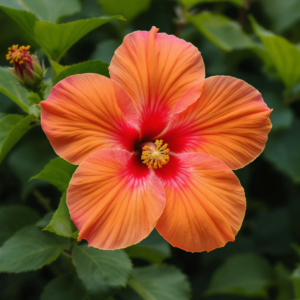 Realistic hibiscus flower with warmer orange and more hot pink petals, no stem, summery, photorealistic, no background, soft natural lighting, detailed botanical illustration, macro photography style. emoji