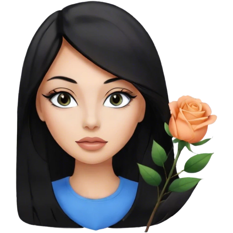 Glamours, tanned, very beautiful girl, with big pump peach-beige-rose lips, eyeliner, long lashes, black straight smooth silky long hair, straight parting hair, blue-grey eyes in black clothes for working profile emoji
