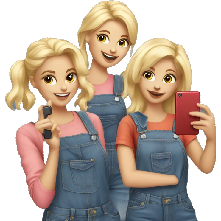Four blonde ladies in denim overalls, taking a selfie emoji