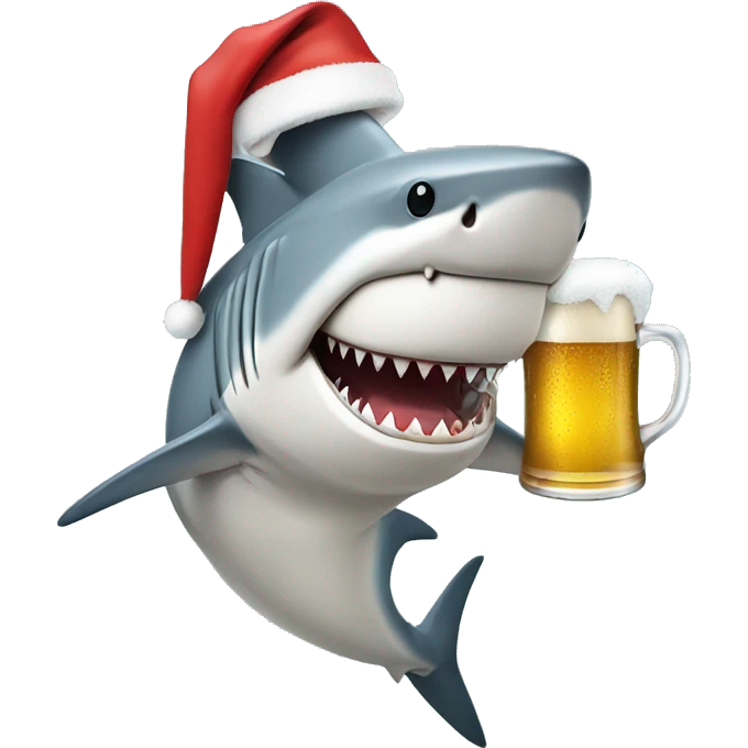Shark in a Santa hat and sunglasses drinking a beer emoji