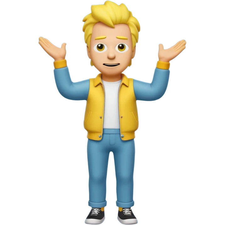 A 3D cartoon male character entirely in yellow, including skin, hair, and clothing, standing confidently, cheerful expression, full-body Memoji-style render with smooth shading, matching the Simpsons style. emoji