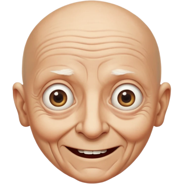 A bald person who’s very old is staring, head upright and looking at the camera with very wide eyes and a massive smile, in a very creepy way. emoji