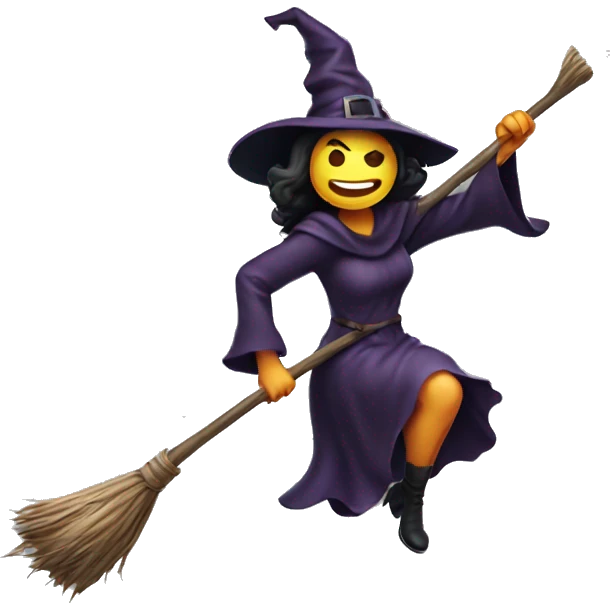 Scarry witch, flying to the right on a broom, throwing candy. emoji