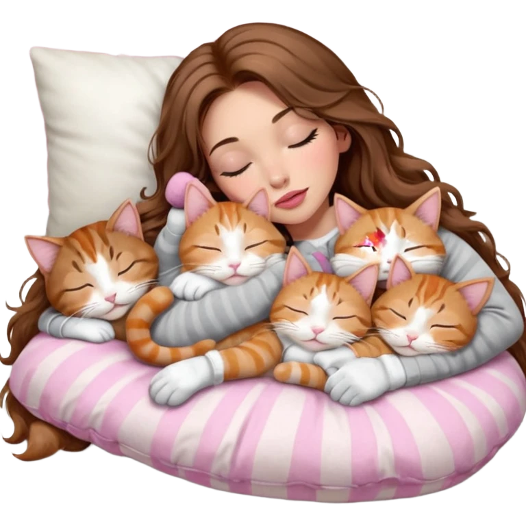 girl with long wavy brown hair, brown eyes, long lashes makeup, sexy pink lips, light to medium complexion,  sleeping on a cozy pillow, with 6 cats: 1 brown and white tabby cat, 1 ginger and white, 2 grey and white, 1 grey with white mittens and small white patch on chest and 1 calico, sleeping emoji