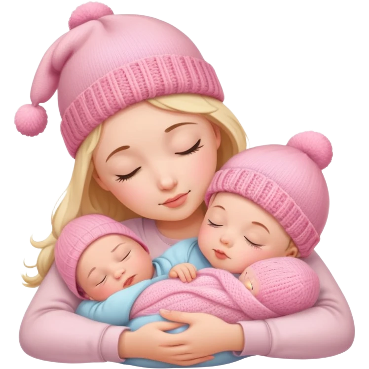 peaceful infant baby sleeping on mother's arm wearing cute pink knitted hat emoji