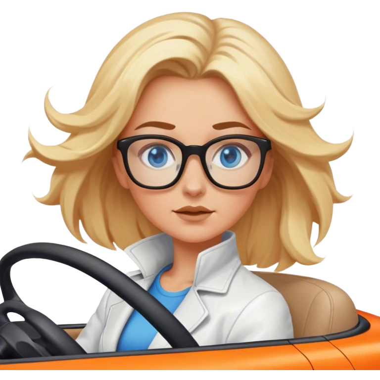 A cinematic realistic blonde with blue eyes and glasses, wearing a white jacket, is driving an orange car, her hair is slightly blowing in the wind emoji