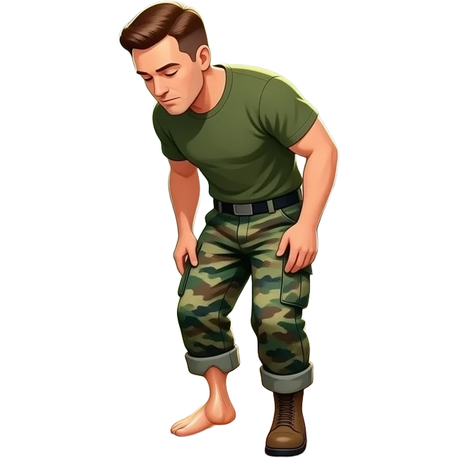 A man in marine camo pooping in the woods with his trousers down to his ankles emoji