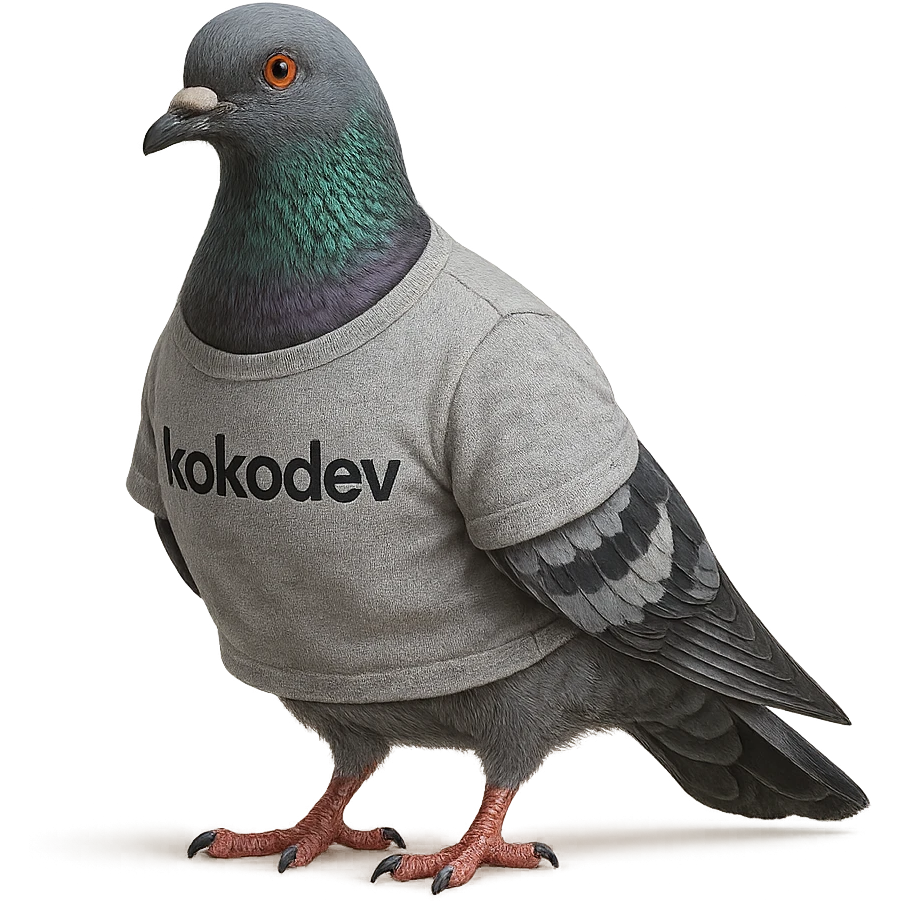a photo-realistic pigeon with a t-shirt labeled 'kokodev', detailed feathers and fabric, natural colors emoji