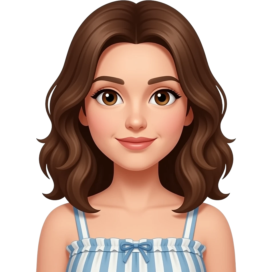 femme, cheveux mi-longs bruns ondulés, yeux marron, en robe emoji