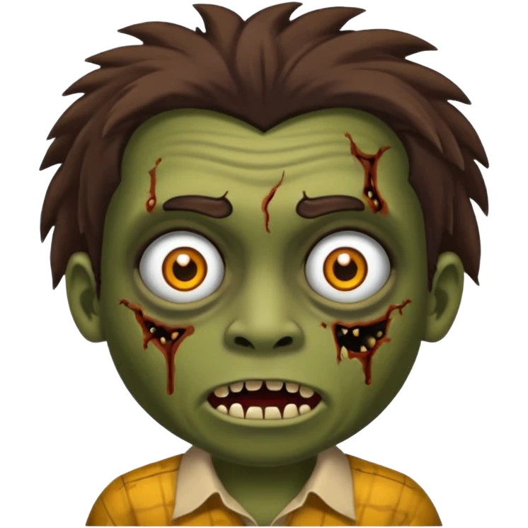 Um garoto zombie de cabelo castanho escuro, com o cabelo chegando no pescoço, com olhos castanhos esverdeados, de camisa branca emoji
