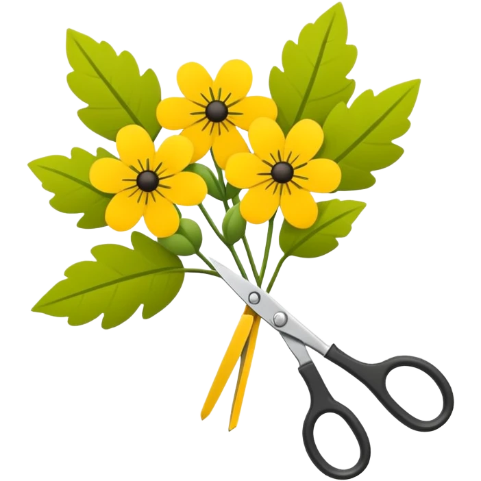 Minimalistic flat vector icon, iOS style, thin black contour on white background. Flower bouquet with leaves and scissors. No text, no shadows. emoji