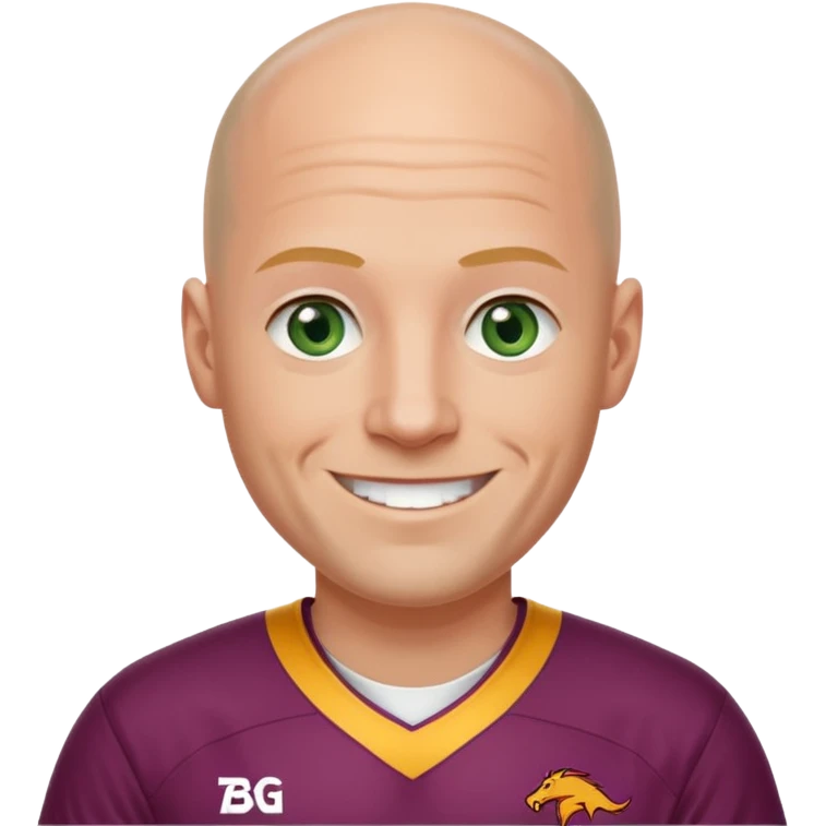 young-ish 50 year old man dressed in a brisbane broncos jersey, bald head, fair skin, happy face, blueish green eyes emoji