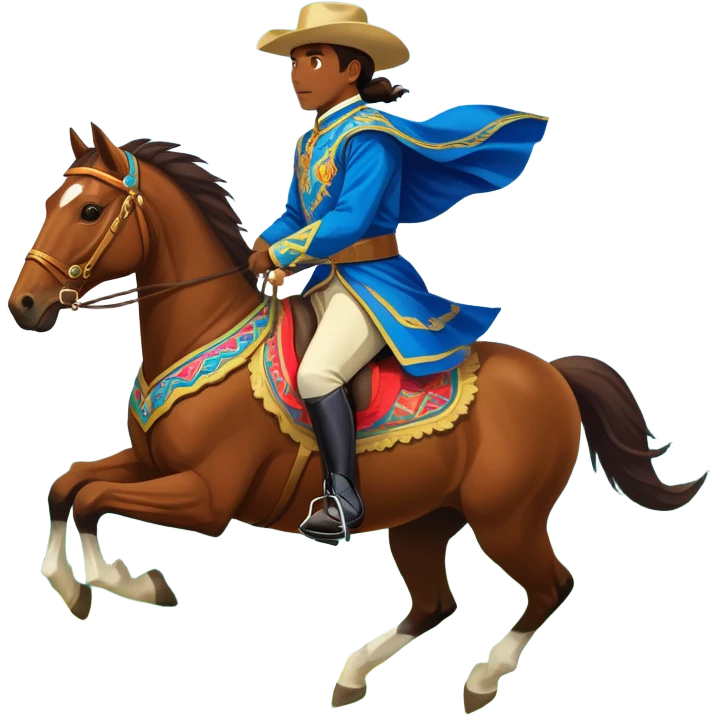 An icon showcasing a blue sky, distant mountains and a vibrant landscape. a majestic horse and rider in full gallop across a lush green field. The rider wears traditional gear, while the horse leaps with grace and power.  emoji