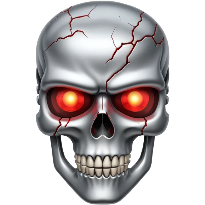 terminator skull, metallic, cracked, glowing red eyes emoji