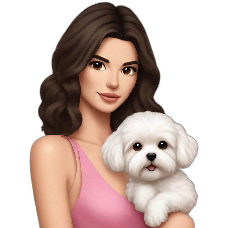 brunette Kendall Jenner with long hair holding white maltipoo in pink dress emoji