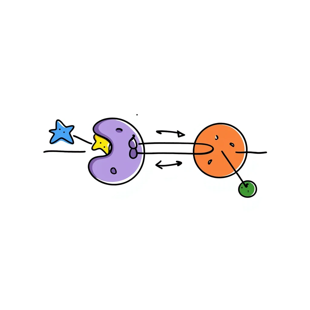 Hormone action diagram: blue starred hormone molecule binding to yellow receptor on purple cell membrane, triggering green signaling cascade inside orange cell. Hand-drawn anatomical illustration with arrows showing signal pathway and resulting cellular changes. emoji
