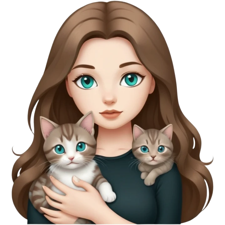 Hot curvy woman, teal eyes, long hair, with super cute kitten, she is white with brown hair, black top, the cat is a brown and grey tabby emoji