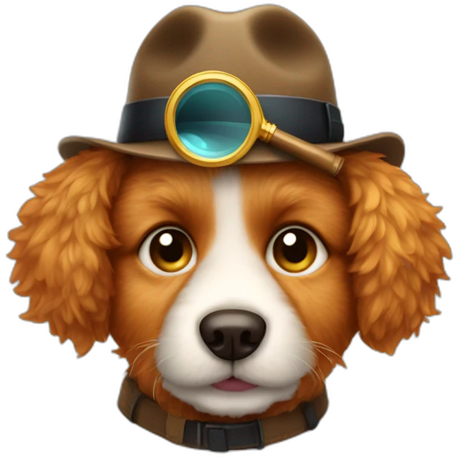 fluffy ginger dog with a detective's hat and magnifying glass emoji